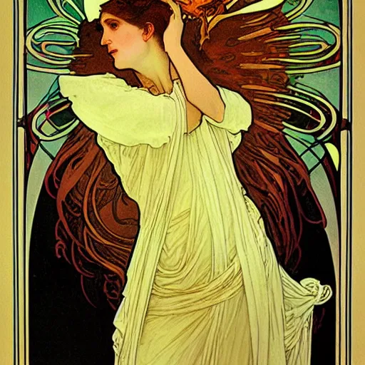 Prompt: a beautiful female necromancer raising the dead by alphonse mucha by jules joseph lefebvre