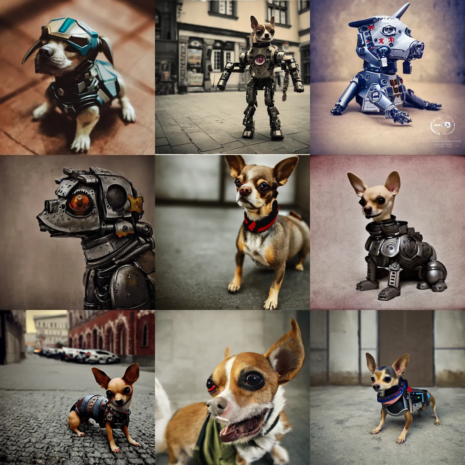 Prompt: legnica. medium shot close up. armored cyborg skul warmachine battle chihuahua superdog, in legnica, full body, cinematic focus, polaroid photo, vintage, neutral dull colors, soft lights, by oleg oprisco, by thomas peschak, by discovery channel, by victor enrich, by gregory crewdson