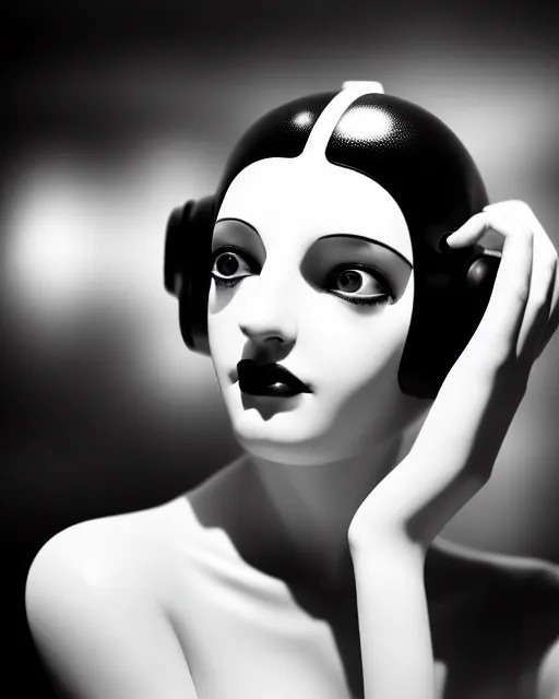 Image similar to black and white dreamy young beautiful female artificial intelligence, metropolis, cinematic, rim light, bokeh, photo - realistic, elegant, high detail, 8 k, masterpiece, photo taken in 1 9 3 0, inspired by cecil beaton