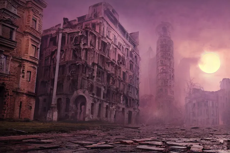 Image similar to Stunning photorealistic background of a city in ruin in a strange purple dimension with a large red sun looming in the distance on a rainy and foggy day, A large tower stands in the center of the crumbling buildings, parallax background