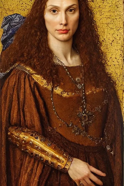 Image similar to portrait of gal gadot, oil painting by jan van eyck, northern renaissance art, oil on canvas, wet - on - wet technique, realistic, expressive emotions, intricate textures, illusionistic detail