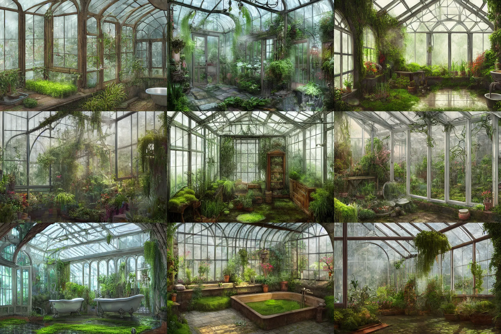 Prompt: traditional bathroom in a greenhouse, misty, soft reflections, glass windows, plants, moss, dramatic lighting, highly detailed, intricate, digital art, digital painting, atmospheric, vibrant colors, godrays, fantasy, trending on artstation