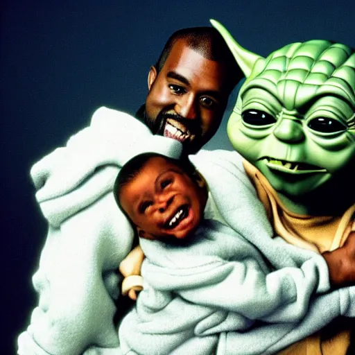 Image similar to kanye west smiling and holding yoda yoda for a 1 9 9 0 s sitcom tv show, studio photograph, portrait