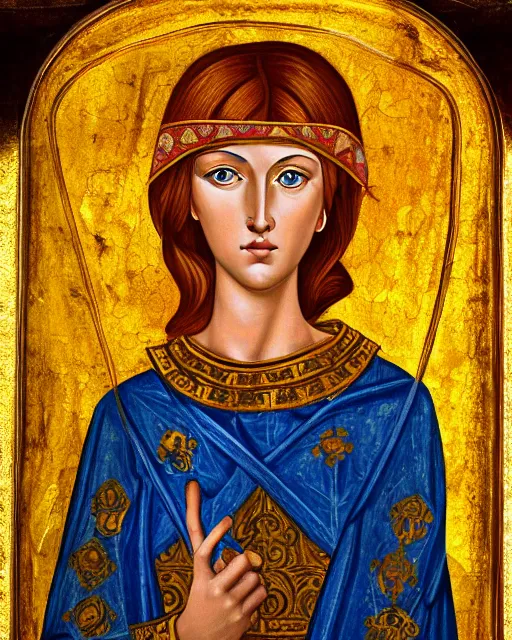 Image similar to byzantine fresco portrait of woman in shining golden armor, high production value, intricate details, high resolution, hdr, high definition, masterpiece, realistic, ultrarealistic, highly detailed, hd, sharp focus, non blurry, sharp, smooth