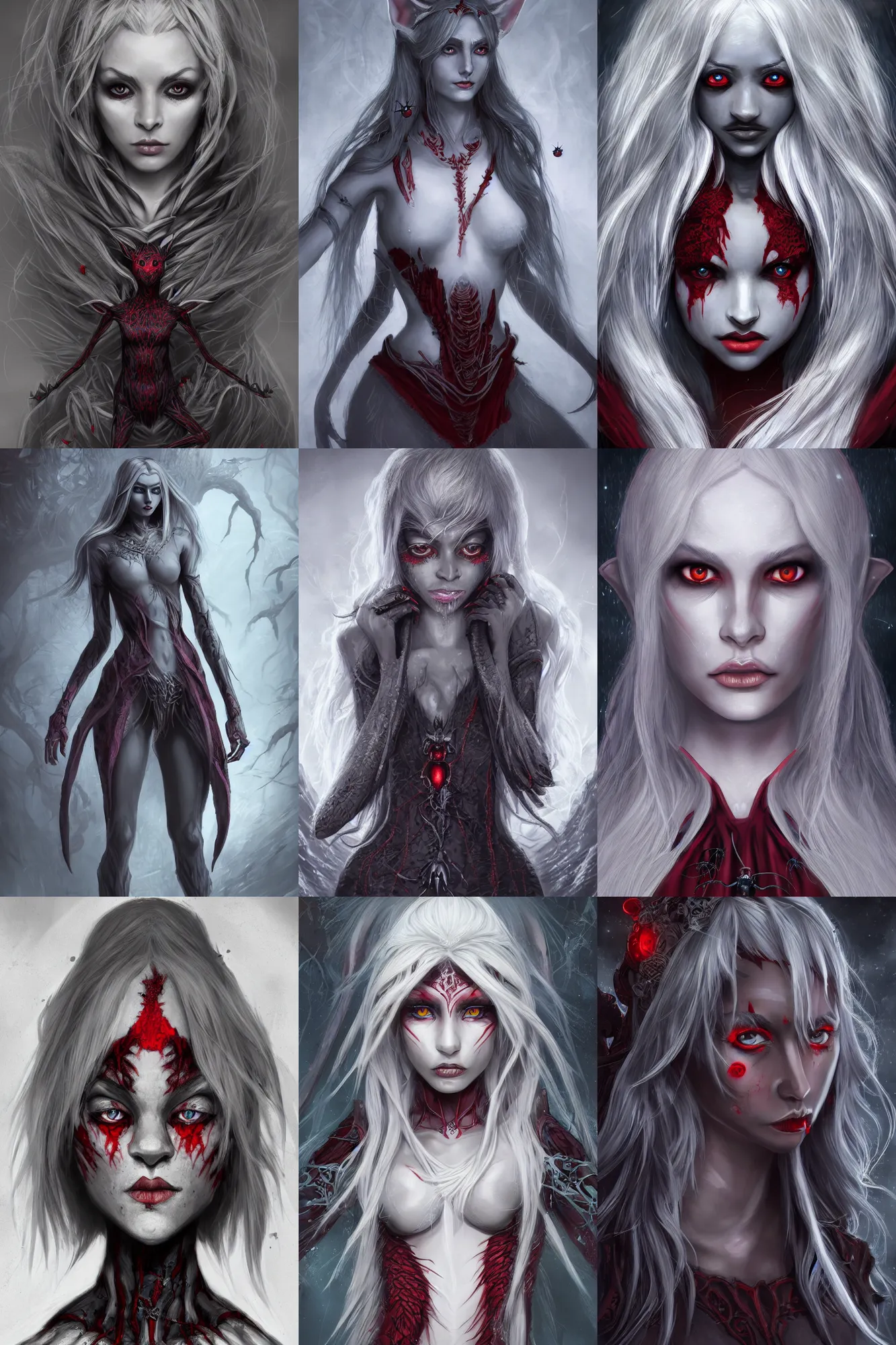 Prompt: full-body portrait of Lloth in beautiful female Drow elf form (dark grey skin, red eyes, white hair, beautiful) and surrounded by spiders, dark fantasy, trending on ArtStation, digital art, highly detailed, award winning, concept art, intricate, sharp focus, Trending on Artstation HQ, unreal engine 5, 4K UHD image