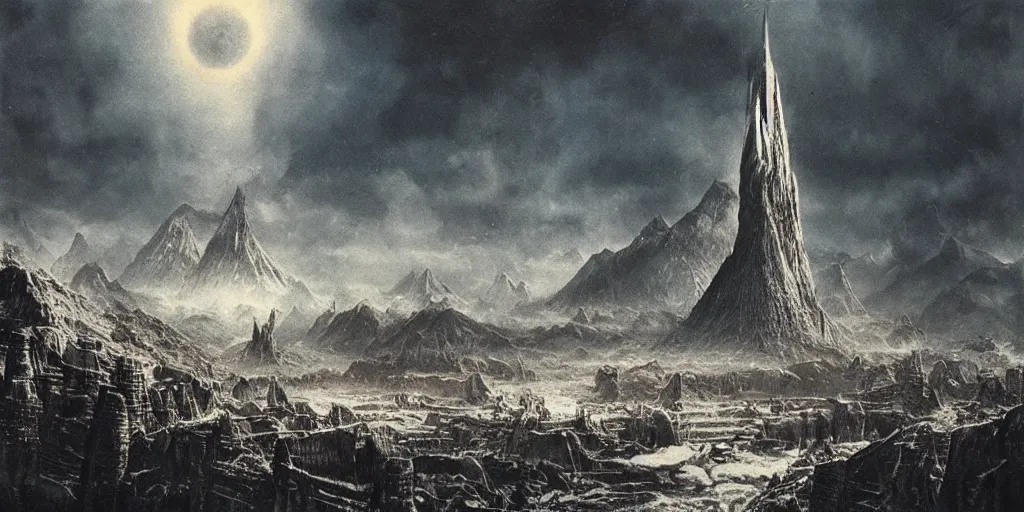 Image similar to “matte painting, helms deep, Bruce Pennington”