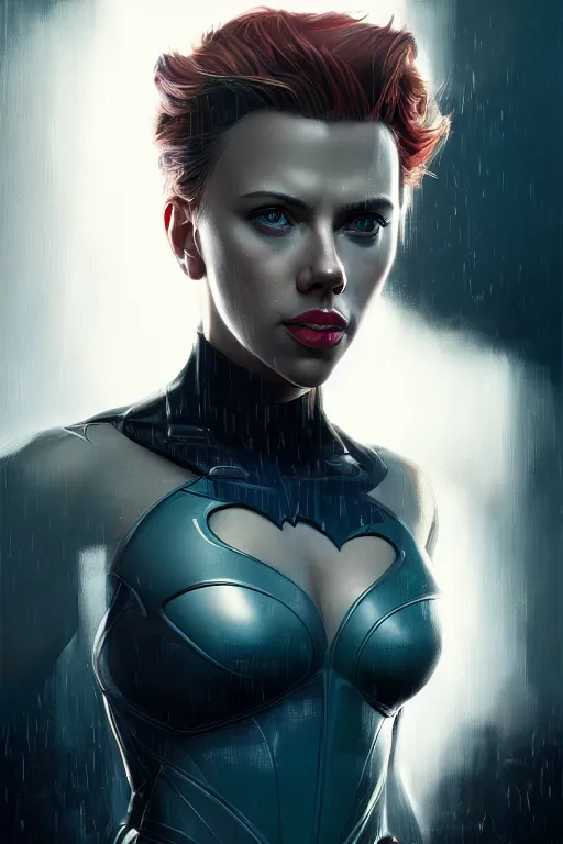 Image similar to portrait of scarlett johansson as batman. intricate abstract. intricate artwork. by tooth wu, wlop, beeple, dan mumford. octane render, trending on artstation, greg rutkowski very coherent symmetrical artwork. cinematic, hyper realism, high detail, octane render, 8 k