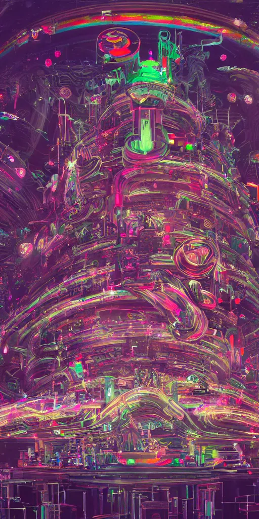 Image similar to impossibly beautiful monolithic shrine to technology that extends to the heavens, people charge their devices and worship at the base of the shrine, intricate complexity, horror, rainbow drip paint, psychedelic glitch art, trending on art station, photoreal, 8k, octane render