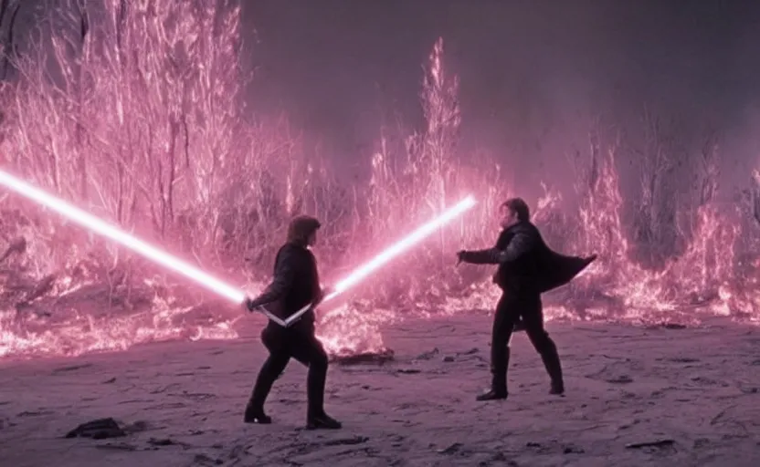 Image similar to screenshot of Luke Skywalker battling the ghost of Emporer Palpatine, with scattered ruins of a fiery pink forest, iconic scene from 1970s film by Stanley Kubrick, rise of skywalker, 4k HD, cinematic lighting, beautiful portrait of Mark Hammill, moody scene, stunning cinematography, anamorphic lenses, kodak color film stock, fire reak real life, ultra realistic, movie still