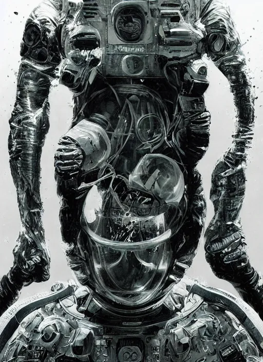 Image similar to astronauts in the dark infinite underwater void - complex and hyperdetailed technical suit. reflection and dispersion materials. contour lighting. rays and dispersion of light. volumetric light. 5 0 mm, f / 3 2. noise film photo. flash photography. ultra realistic, wide angle. poster by wayne barlowe, hajime sorayama aaron horkey, craig mullins