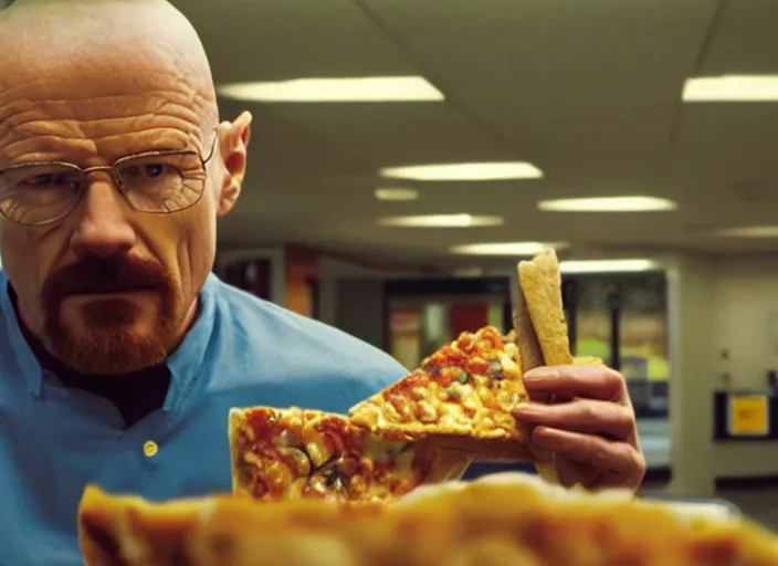 Image similar to walter white eating pizza at chuck - e - cheese, dramatic lighting, film still from breaking bad ( 2 0 1 0 ), 3 5 mm kodak, 2 4 mm lens, directed by rian johnson