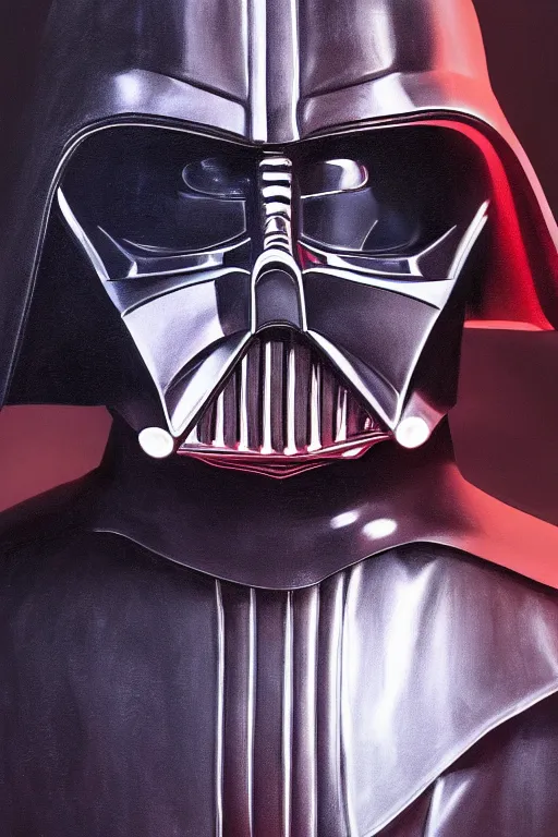 Image similar to detailed portrait of a Darth Vader Santa hybrid with compound eyes, strong neon lighting, raining, mysterious, mirror shades, by glenn fabry, hyper realistic, HD, oil on canvas