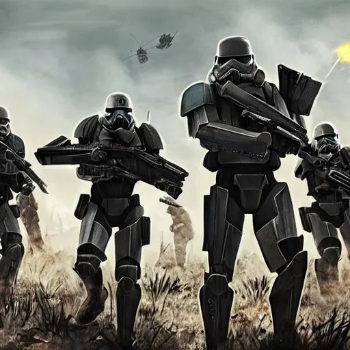 Image similar to Three enclave soldiers standing in the foreground, Half-Life Combine, Fallout Enclave Armor, Wolfenstein, Killzone, Deathtrooper, huge spaceship