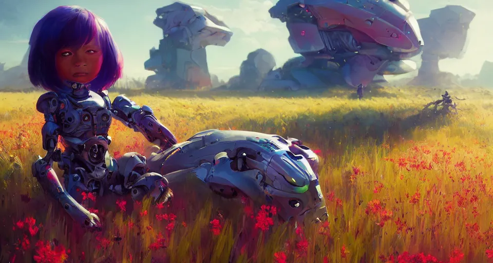 Prompt: a portrait of a chibi cyborg in a colorful field, by mandy jurgens and bayard wu and greg rutkowski, masterpiece, sharp focus, cinematic lightning, unreal engine, 8 k render