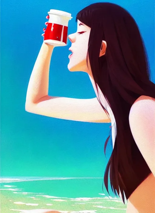 Image similar to full body picture of a girl drinking a coke, highly detailed face, very thirsty, dripping on the body, sharp focus, shiny day beach, extremely beautiful and cute and aesthetic face and body, specular reflection, occlusion shadow, trending on artstation, epic light novel cover art, art by ilya kuvshinov and sakimichan and jeremy lipking