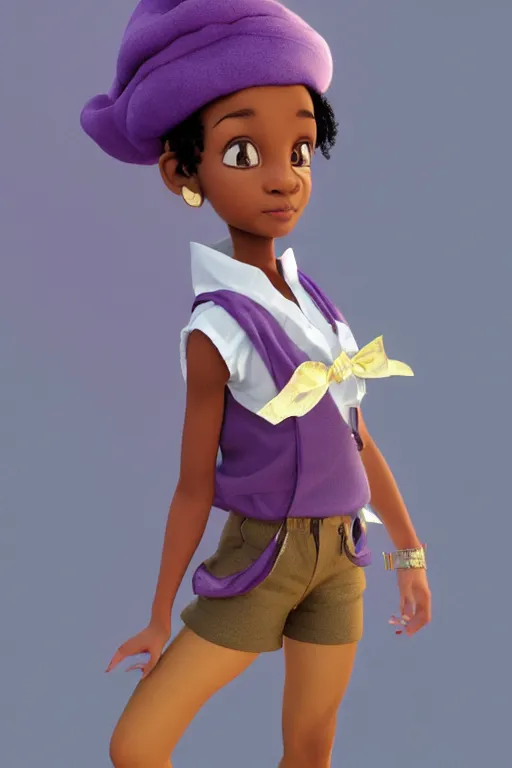 Prompt: Full View of brown skinned girl with short brown skinned hair wearing an oversized purple Beret, Baggy Purple overall shorts, Short Puffy pants made of silk, silk shoes, a big billowy scarf, Golden Ribbon, and white leggings Covered in stars. Short Hair. masterpiece 4k digital illustration by Ruan Jia and Mandy Jurgens and Artgerm and william-adolphe bouguereau, award winning, Artstation, art nouveau aesthetic, Alphonse Mucha background, intricate details, realistic, panoramic view, Hyperdetailed, 8k resolution, intricate art nouveau, in american style pin up.anatomically correct