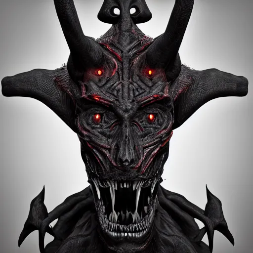 Prompt: A 3D render of a demonic creature, symmetrical features, detailed, intricate details, dark, atmospheric, hyper-detailed, trending on Artstation