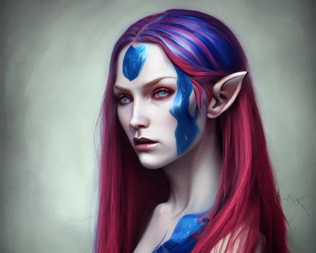 Image similar to A detailed matte oil on canvas head on symmetrical portrait of a distinguished elven woman with red and blue hair on an empty background, by Charlie bowater, Lise Deharme, Wlop, trending on artstationhd, dungeons and dragons art, parted hair , half blue, half red , split dye, critical role