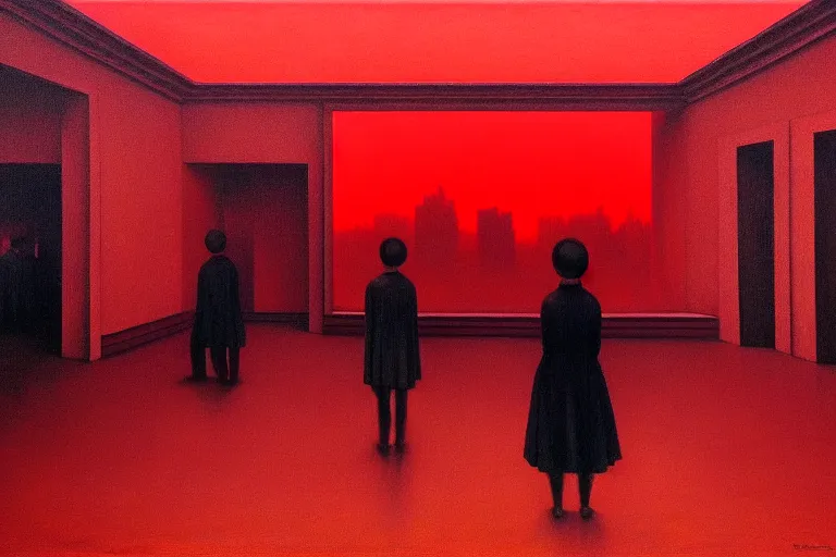 Image similar to only with red, crowd delirious at the sight of a painting, in a city square, in the style of beksinski, parts by edward hopper, parts by rodcenko, parts by yue minjun, intricate and epic composition, red by caravaggio, insanely quality, highly detailed, masterpiece, red light, artstation, 4 k