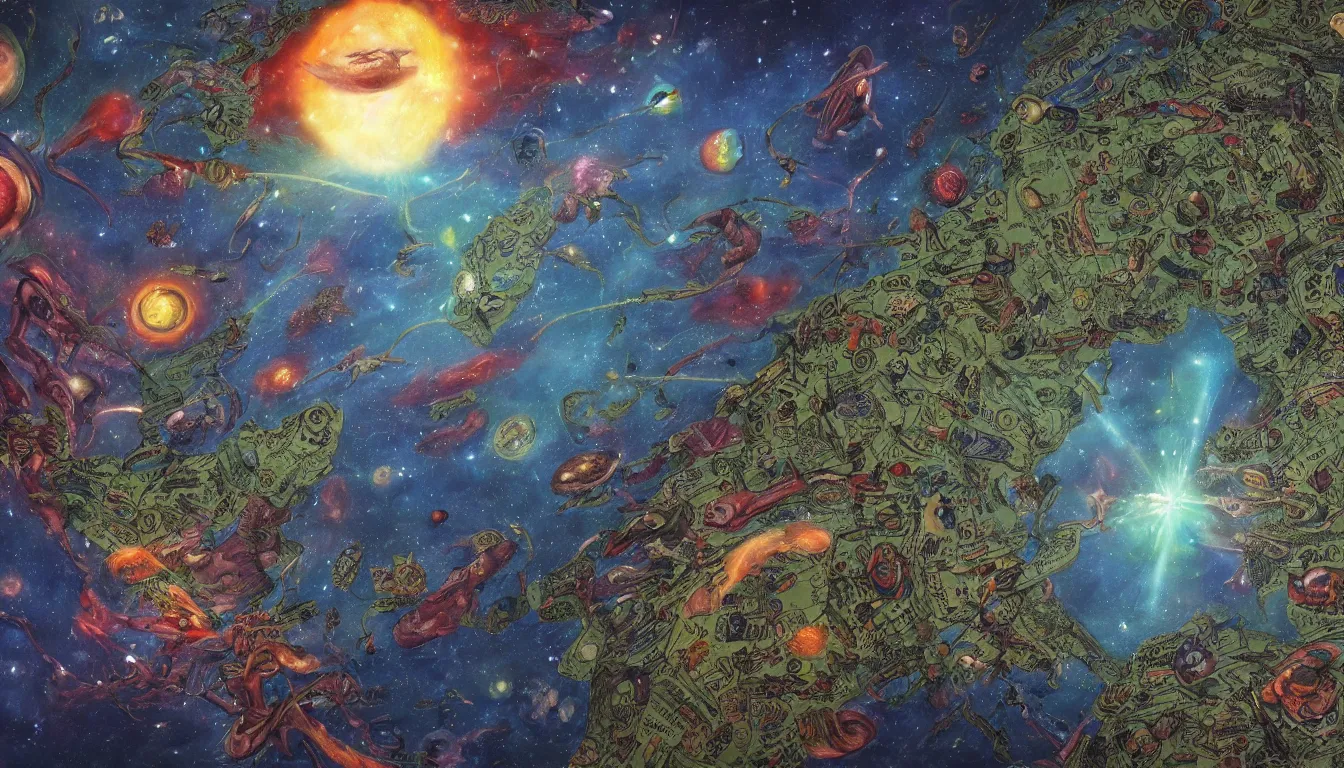 Prompt: an epic fantastic realism comic book style painting of a map of the universe, as drawn by a race of alien monks over a thousand centuries, 8 k, ultra realistic, lens flare, atmosphere, glow, detailed, intricate, full of colour, cinematic lighting, trending on artstation, 4 k, hyperrealistic, focused, extreme details, unreal engine 5, cinematic, masterpiece