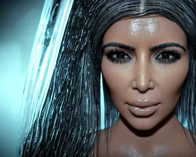 Image similar to epic full shot still of kim kardashian unconscious wearing a black lace dress in a transparent alien liquid, wet flowing hair, gooey skin, illustration, unreal engine 5, 8 k, made by h. r. giger.