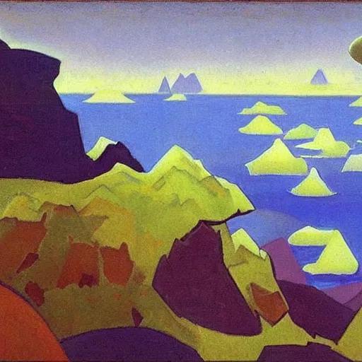 Image similar to painting of a lush natural scene on an alien planet by nicholas roerich. beautiful landscape. weird vegetation. cliffs and water.