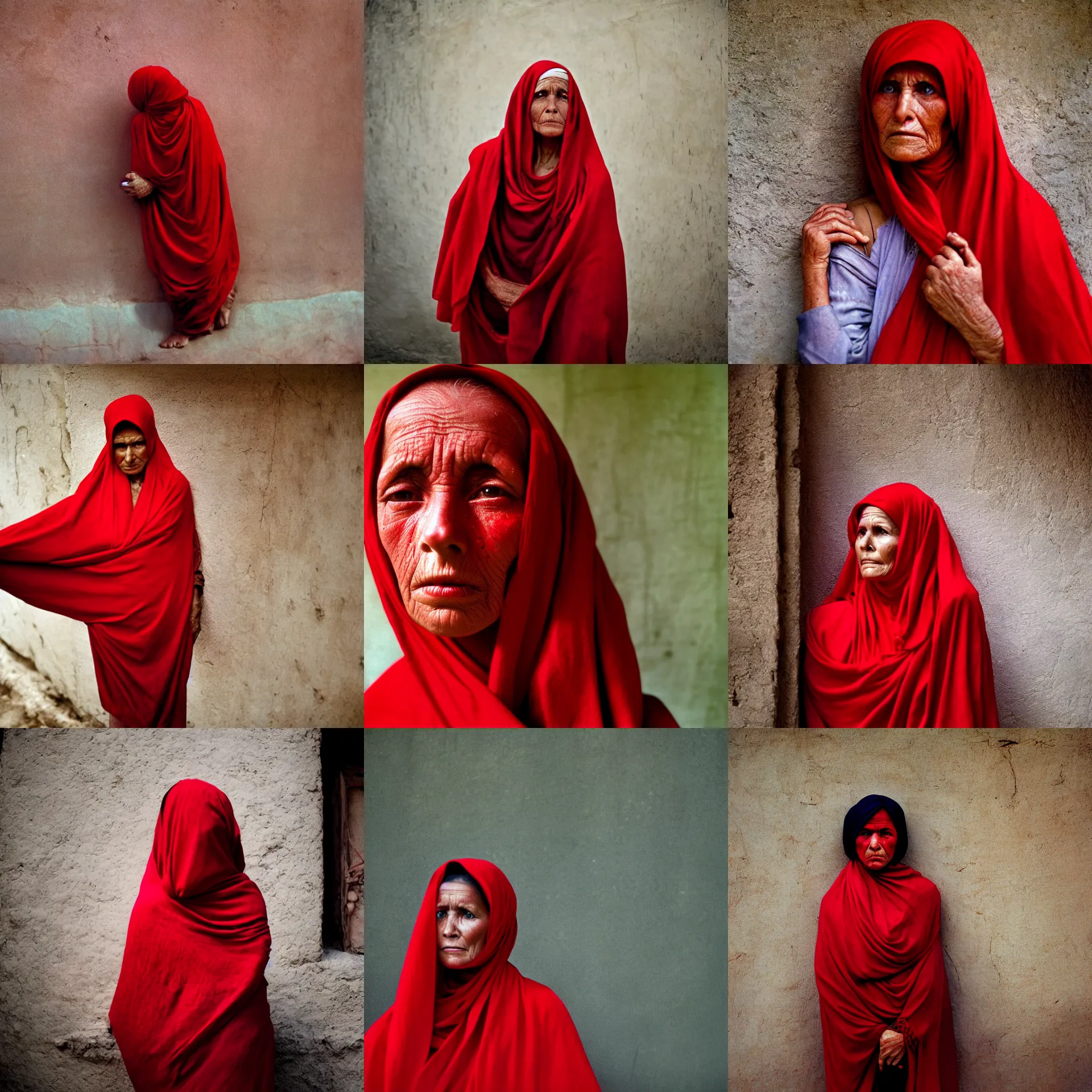 Prompt: a woman in a red shawl looking at the camera, a colorized photo by steve mccurry, featured on cg society, hyperrealism, associated press photo, provia, wide lens