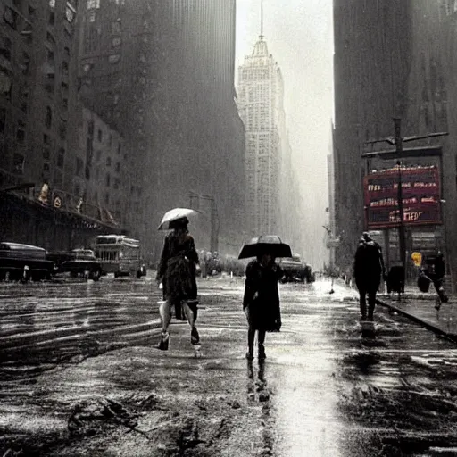 Image similar to an award winning photo of postapocalyptic new york, by helen levitt, ultra detailed, rainy, beautiful