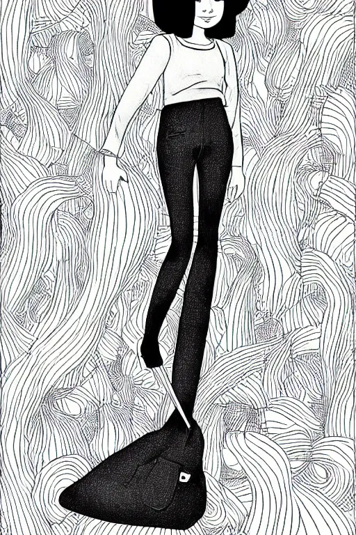 Image similar to portrait of a girl in long pants and a top, hands in pockets, eyes closed, bob haircut, digital art, black and white, lineart by junji ito