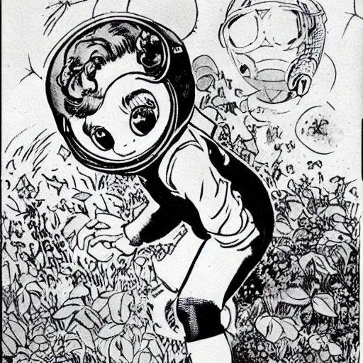 Image similar to a cute little girl with a mischievous face and short brown wavy curly hair. she is dressed as an astronaut. well composed, clean elegant painting, beautiful detailed face. comic book art by steve ditko and jack kirby and ( arthur rackham )