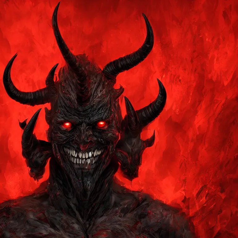 Prompt: the devil crouching on the bed room ceiling with all black skin shiny black eyes pointed ears horns coming from his head with a grotesque smile and crooked spine. red lighting, masterpiece 4 k digital illustration, highly detailed, trending on artstation, award winning