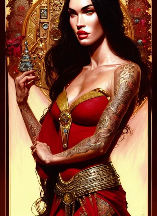 Image similar to portrait of megan fox as a queen, throne, jewelry, greek, ruby, intricate, headshot, highly detailed, digital painting, artstation, concept art, sharp focus, cinematic lighting, illustration, art by artgerm and greg rutkowski, alphonse mucha, cgsociety