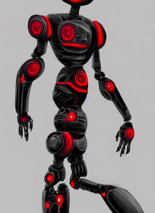 Image similar to a robot wearing a black grey and red outfit, full body shot, highly detailed, digital painting, artstation, concept art, smooth, sharp focus, illustration, cartoon