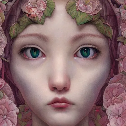 Image similar to white cat girl, botanical, portrait face, colorful, kupka, intricate, miles johnston, kuroda seiki, cynical realism, ozabu, john william godward, painterly, yoshitaka amano, moebius, miles johnston, louise zhang, james jean, mark ryden lowbrow pop surrealism art style