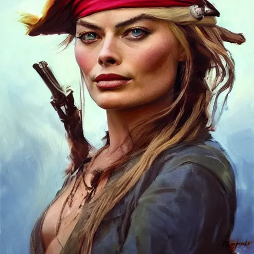 Image similar to greg manchess portrait of margot robbie as captain jack sparrow, epic grimdark, fantasy, medium shot, asymmetrical, profile picture, organic painting, sunny day, matte painting, bold shapes, hard edges, street art, trending on artstation, by huang guangjian and gil elvgren and sachin teng