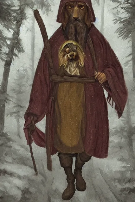 Prompt: slavic dog head man, woolen torso in medieval clothes, walking in the forest, orthodox saint christopher, art by whimmy, trending on artstation,