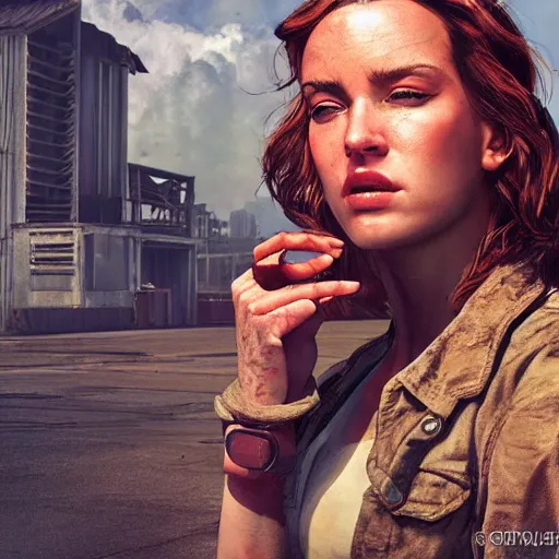 Image similar to fallout 5 : miami, charismatic beautiful rugged brunette female protagonist and companion, portrait, outdoors ruined airport, atmospheric lighting, painted, intricate, volumetric lighting, beautiful, summer, sunny weather, few clouds, sharp focus, deep colours, ultra detailed, by leesha hannigan, ross tran, thierry doizon, kai carpenter, ignacio fernandez rios