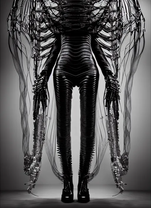 Prompt: walking down the catwalk, show, stage, vogue photo, podium, fashion show photo, iris van herpen, beautiful woman, full body shot, masterpiece, inflateble shapes, alien, giger, plant predator, guyver, jellyfish, wires, veins, white biomechanical details, wearing epic bionic cyborg implants, highly detailed