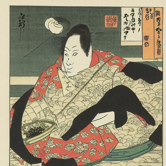 Image similar to comic book artwork of a shiba inu samurai eating a bowl of rice by Utagawa Kuniyoshi