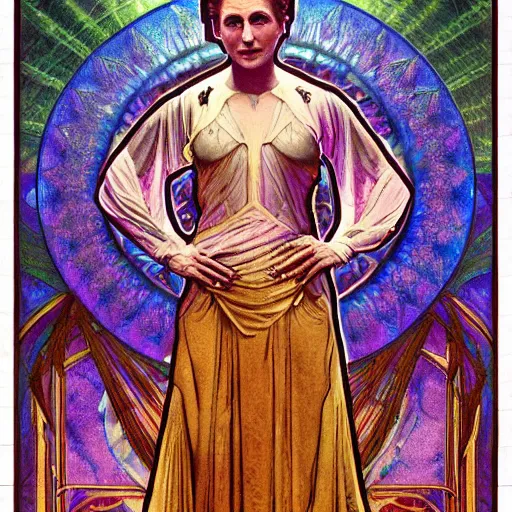 Image similar to a dramatic ethereal epic symmetrical painting of a handsome hilary clinton | tarot card, art deco, art nouveau, steampunk, realistic | by louis comfort tiffany and alphonse mucha | trending on artstation