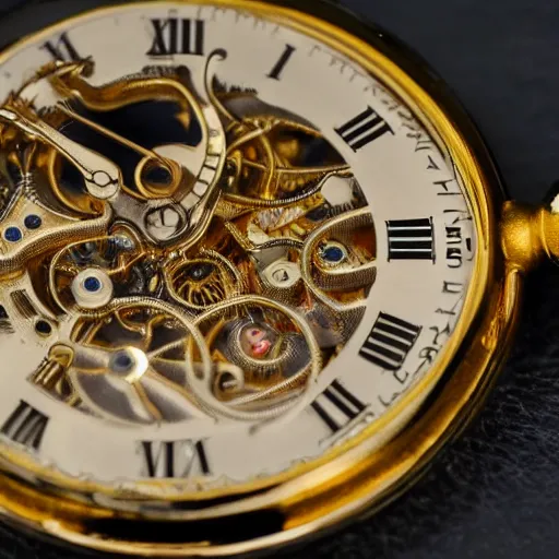 Prompt: close up photo of a gold pocket watch, high detail, complex,