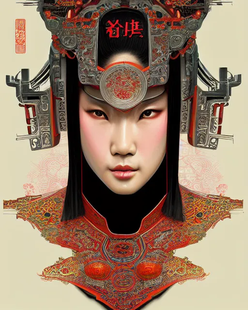 Image similar to portrait of a chinese cyberpunk machine, machine face, upper half portrait, decorated with chinese opera motifs, regal, asian, fine china, wuxia, traditional chinese art intricate intense elegant 京 剧 highly detailed digital painting artstation concept art smooth sharp focus illustration, art by artgerm and greg rutkowski alphonse mucha 8 k