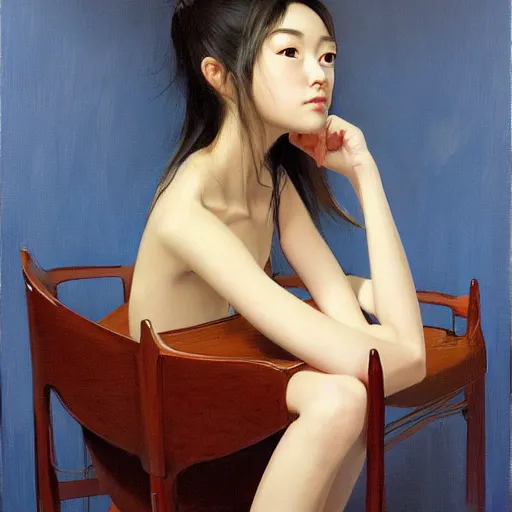 Image similar to oil painting by ilya kuvshinov, rhads, coby whitmore, of a youthful japanese beauty, long hair, sitting on antique chair leaning against a desk, victorian room