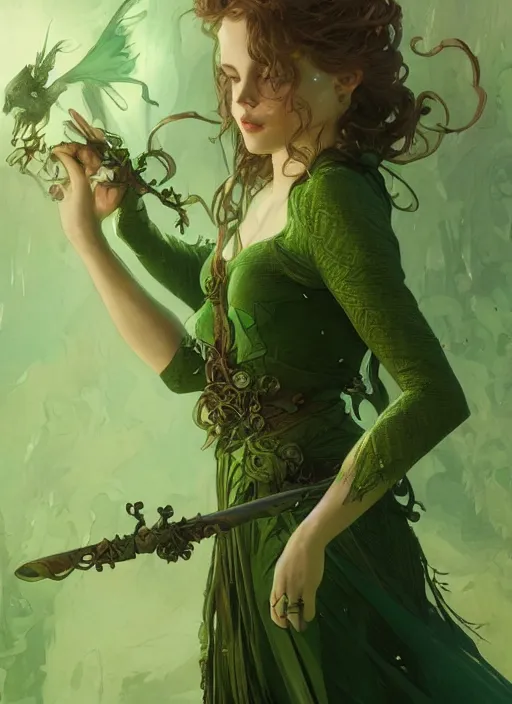 Prompt: a beautiful cute young green fairy, D&D, fantasy, intricate, cinematic lighting, highly detailed, digital painting, artstation, concept art, smooth, sharp focus, illustration, art by Terry Moore and Greg Rutkowski and Alphonse Mucha