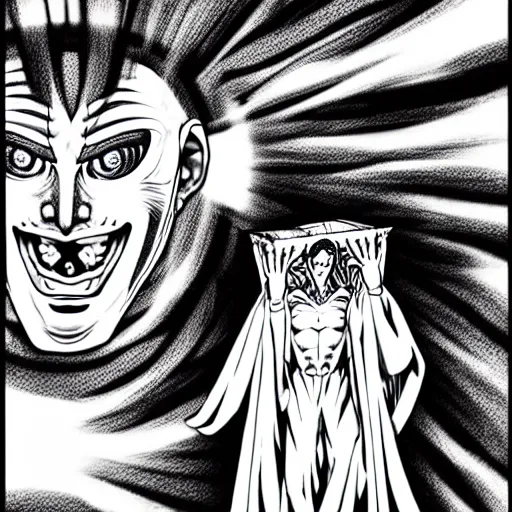 Image similar to A man wearing white robes with a crazyGreek theater mask, white robes, crazy mask, theater mask, greek mask, ancient greece, crazy, muscular figure, manga art, manga, Junji Ito, Junji Ito artwork, Ito Junji art, 4k