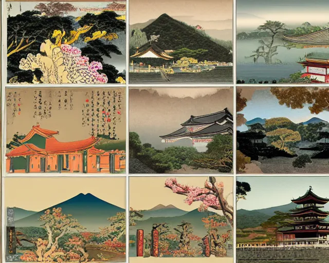 Prompt: photo collage in a neo-classical style, depicting the many wonders of rural Japan, natural splendor, arts and crafts, graphic design promoting a contemporary art exhibition