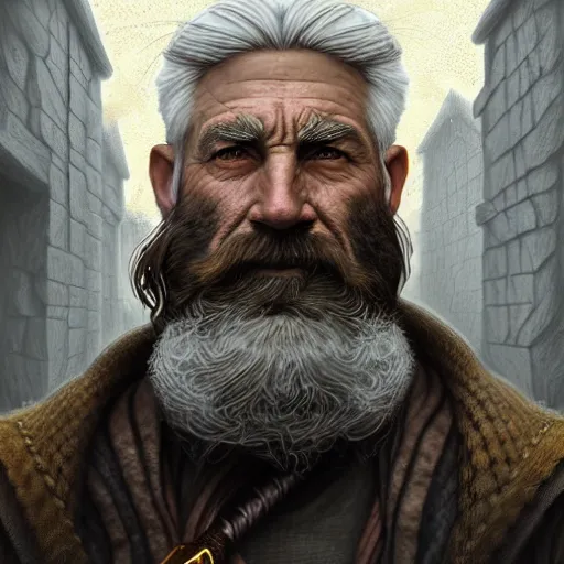 Image similar to old wizard, portrait, rugged, muscular, bearded, male, city landscape, norway, d & d, fantasy, intricate, elegant, highly detailed, digital painting, brown and gold color palette, cloth, octane render, concept art, matte, sharp focus, illustration, herrarthstone, art by artgerm and greg rutkowski and alphonse mucha