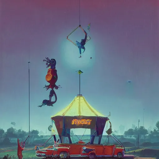 Prompt: A weird circus, by Simon Stålenhag, Makoto Shinkai and Bruce Pennington