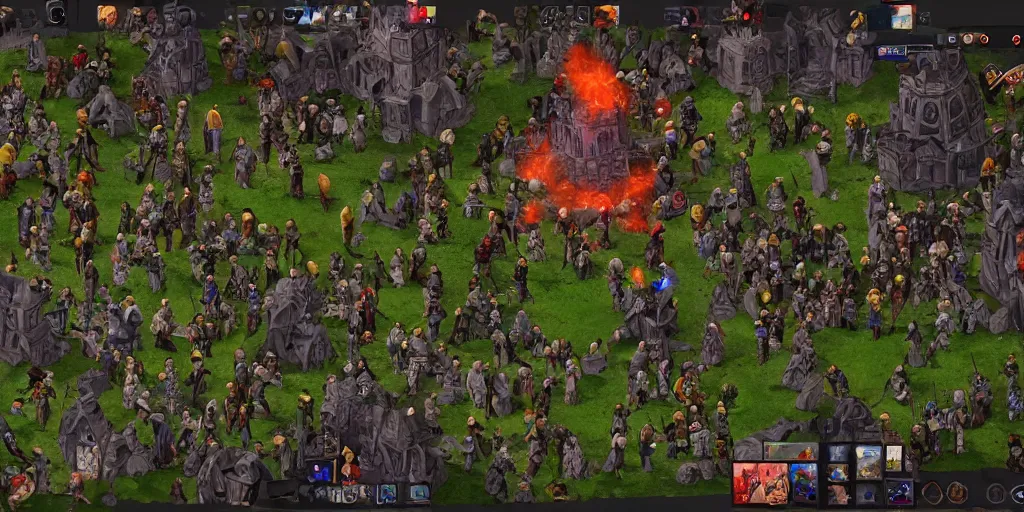 Image similar to Evil mage is standing on top of his tower, raising hands up high and leading his horde of zombies to outer lands. Isometric, high angle, big scale battle map. Highly detailed digital art, unreal engine.