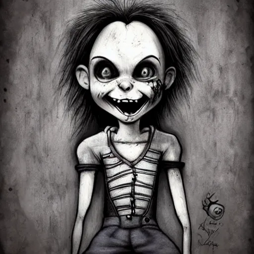 Prompt: grunge cartoon drawing of a cute chucky smiling by - michael karcz , in the style of corpse bride, loony toons style, horror themed, detailed, elegant, intricate